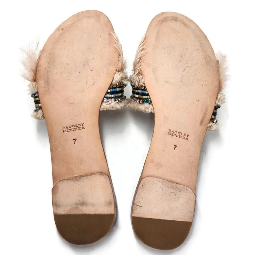 Badgley Mischka Fortune Nude Cream Feathers Beads Open-Toe Flat Slide-On Sandals